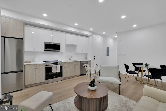 living room with electric panel, sink, and light hardwood / wood-style floors