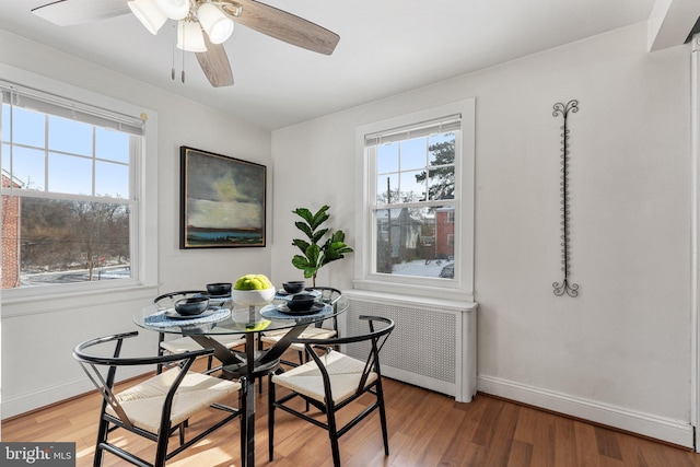 dining area with ceiling fan, radiator heating unit, and hardwood / wood-style floors