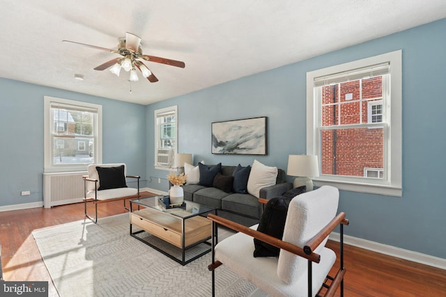 living room with radiator, ceiling fan, and hardwood / wood-style flooring