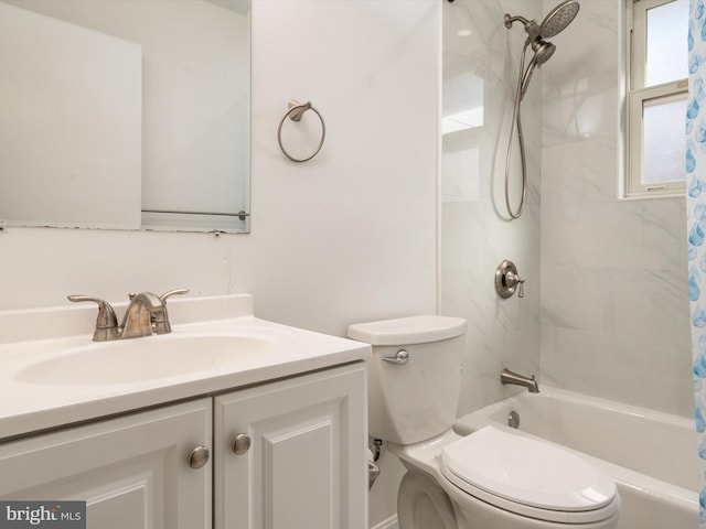 full bathroom with vanity, toilet, and shower / bathtub combination with curtain