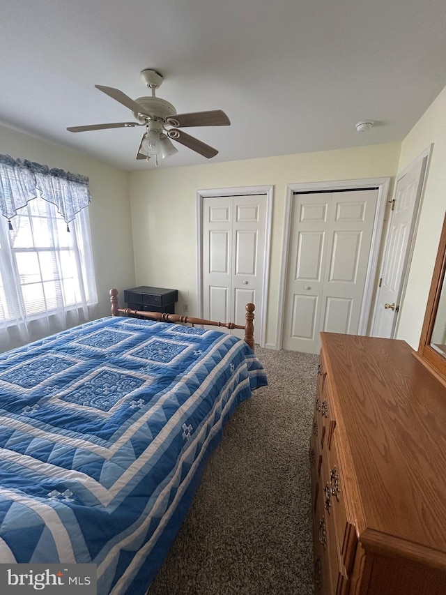 bedroom with ceiling fan, multiple closets, and carpet floors