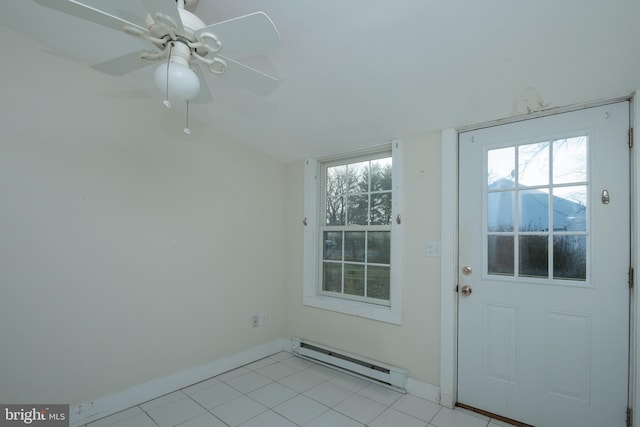 doorway to outside featuring a baseboard radiator, ceiling fan, and light tile patterned flooring