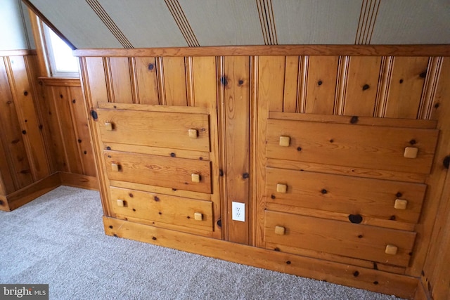 interior details featuring wood walls and carpet floors