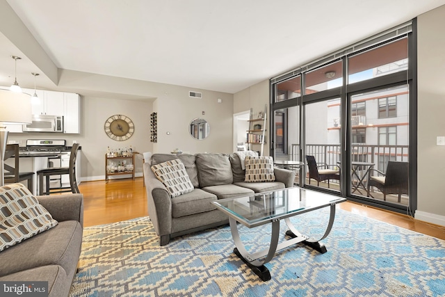 living room featuring floor to ceiling windows and light wood-type flooring