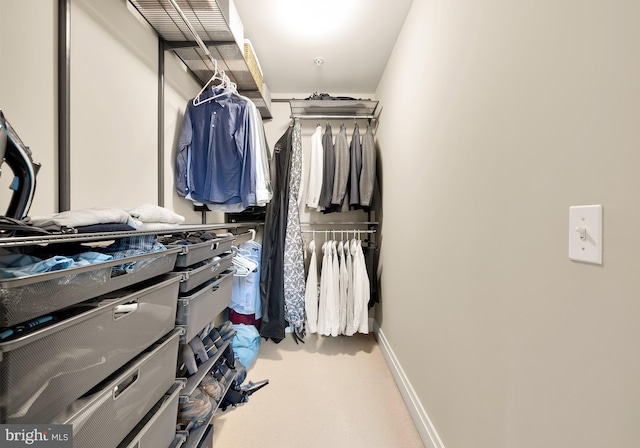 spacious closet featuring light colored carpet