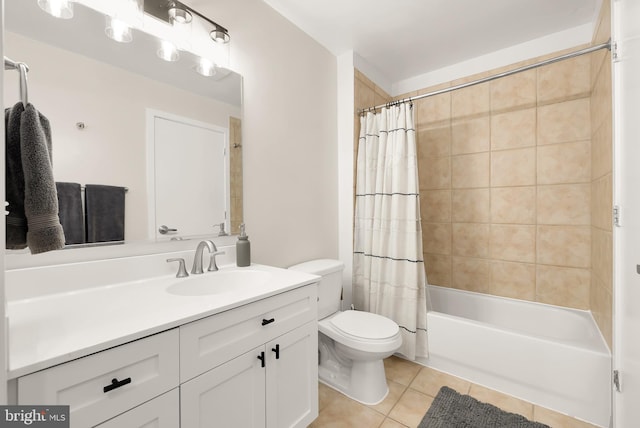 full bathroom with tile patterned floors, vanity, shower / bath combo, and toilet