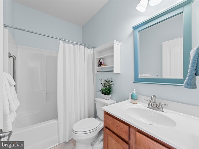 full bathroom featuring vanity, shower / bath combination with curtain, and toilet