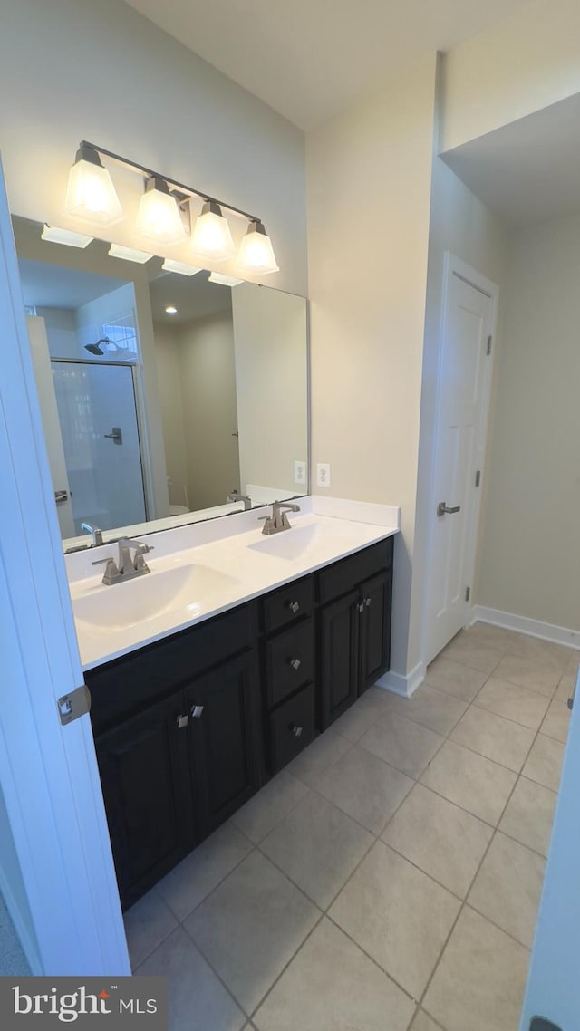 bathroom featuring walk in shower, vanity, and tile patterned floors