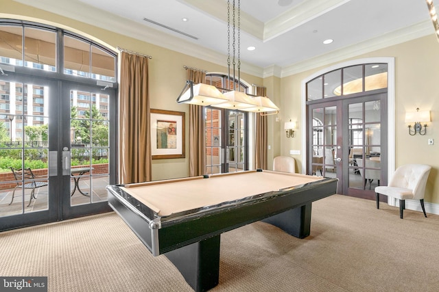 rec room featuring carpet floors, crown molding, pool table, and french doors