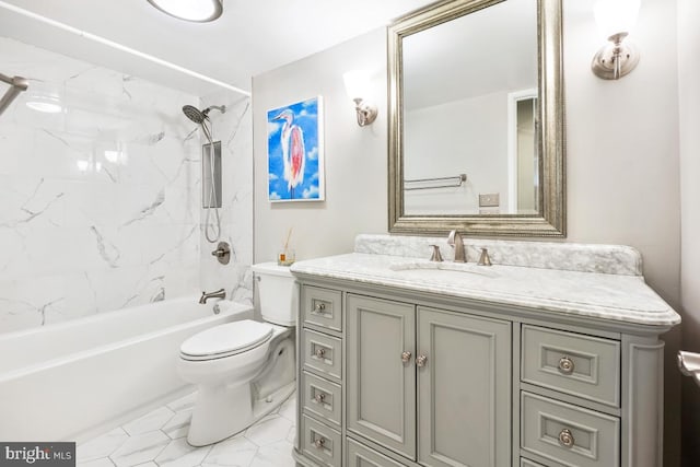 full bathroom with vanity, tiled shower / bath combo, and toilet