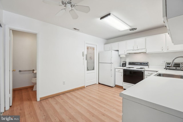 kitchen featuring ceiling fan, sink, light hardwood / wood-style floors, white appliances, and white cabinets