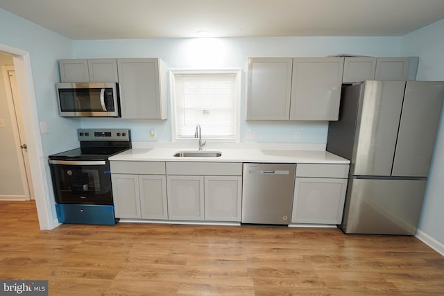 kitchen featuring gray cabinets, sink, light wood-type flooring, and stainless steel appliances