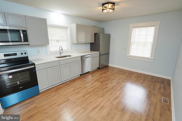 kitchen with gray cabinets, sink, appliances with stainless steel finishes, and light hardwood / wood-style flooring