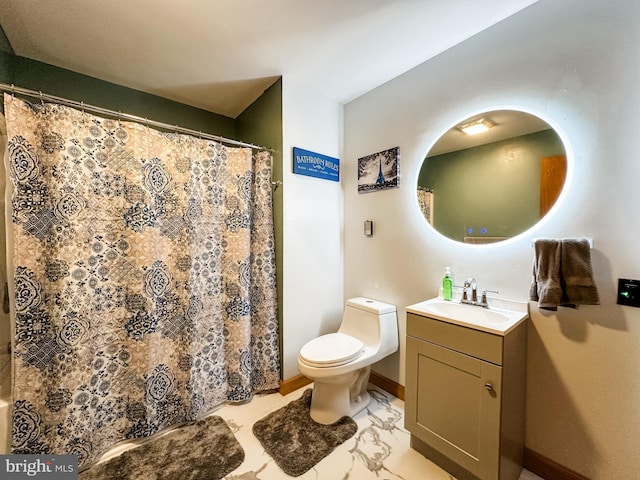 bathroom with walk in shower, vanity, and toilet