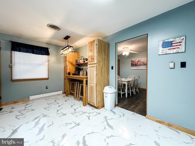 interior space featuring ceiling fan and a baseboard heating unit