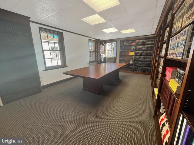 carpeted home office with a paneled ceiling