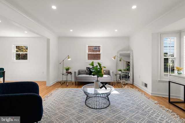 living room with crown molding and light wood-type flooring