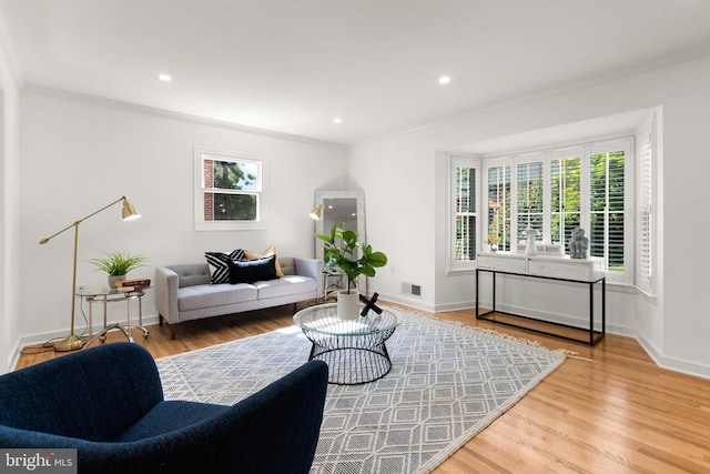 living room featuring hardwood / wood-style floors and ornamental molding