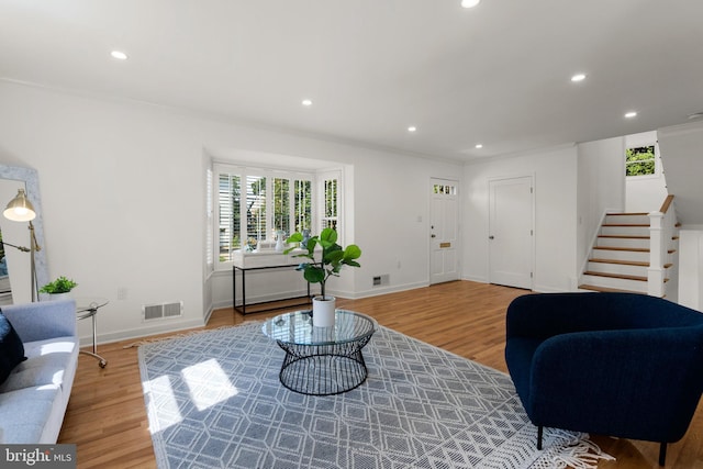 living room featuring light hardwood / wood-style floors and ornamental molding