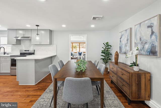 dining space with sink and dark hardwood / wood-style floors