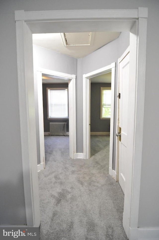 hall featuring radiator heating unit and light carpet