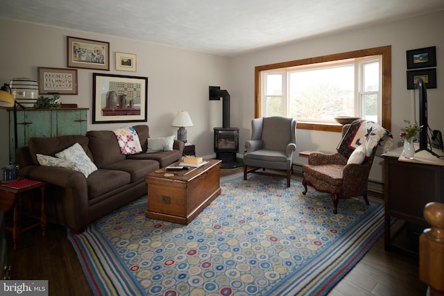 living room featuring hardwood / wood-style flooring and a wood stove