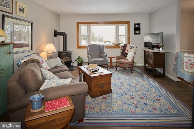 living room with wood-type flooring and a wood stove