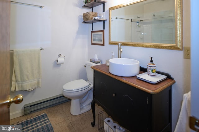 bathroom featuring a baseboard radiator, tile patterned floors, a shower, toilet, and vanity