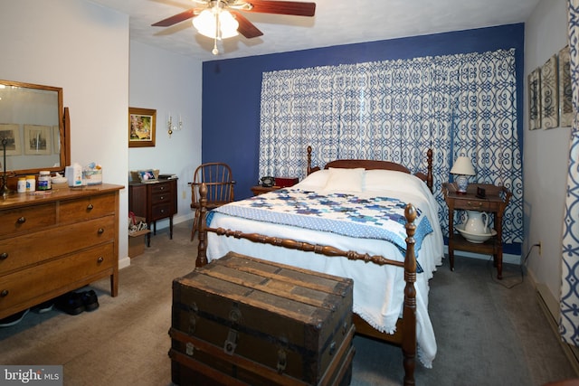 bedroom featuring ceiling fan and carpet