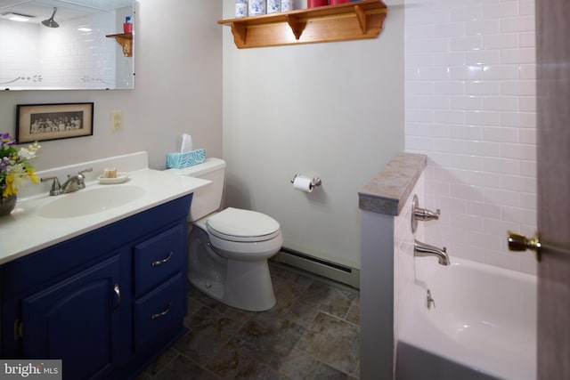 full bathroom featuring vanity, tiled shower / bath combo, toilet, and baseboard heating