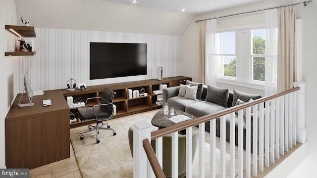 living room featuring vaulted ceiling