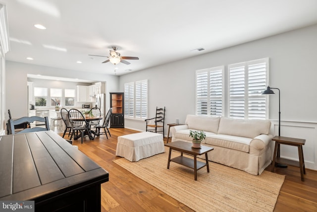 living room with ceiling fan and wood-type flooring