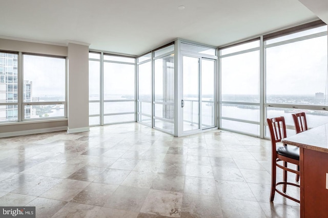 interior space with a wall of windows, ornamental molding, and baseboards