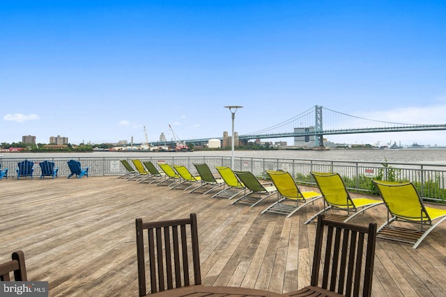 wooden deck featuring a water view