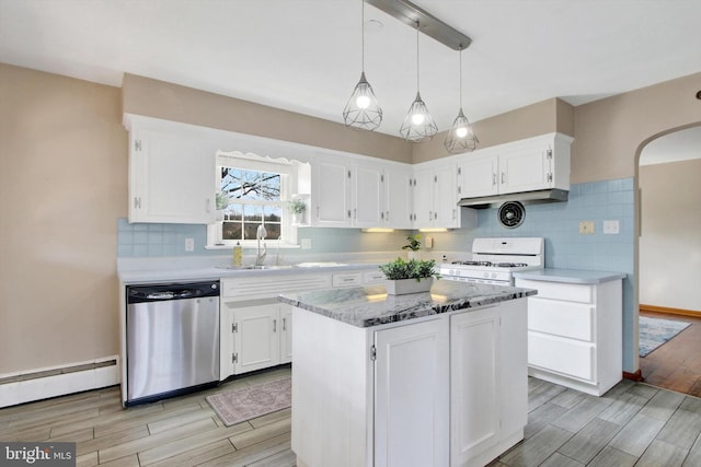 kitchen featuring white range with gas cooktop, a baseboard radiator, wood finish floors, stainless steel dishwasher, and a sink