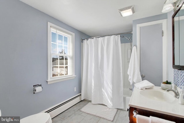 full bathroom with shower / tub combo with curtain, a baseboard radiator, visible vents, toilet, and vanity