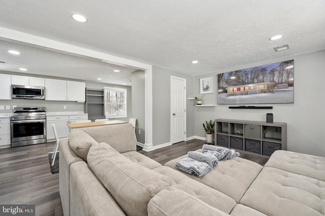 living room with a textured ceiling and dark hardwood / wood-style flooring