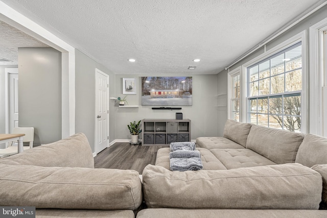 living room featuring a textured ceiling and hardwood / wood-style flooring