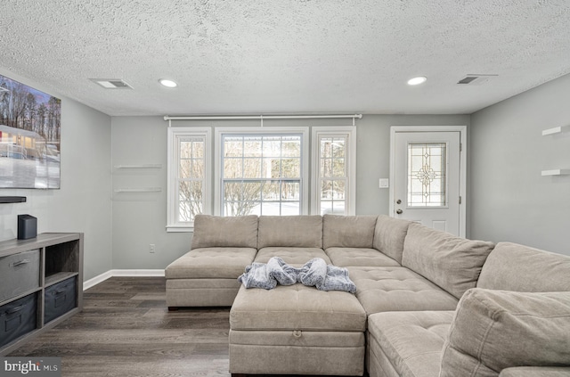 living room with hardwood / wood-style floors, a textured ceiling, and a wealth of natural light