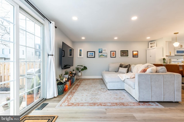 living room with light hardwood / wood-style floors