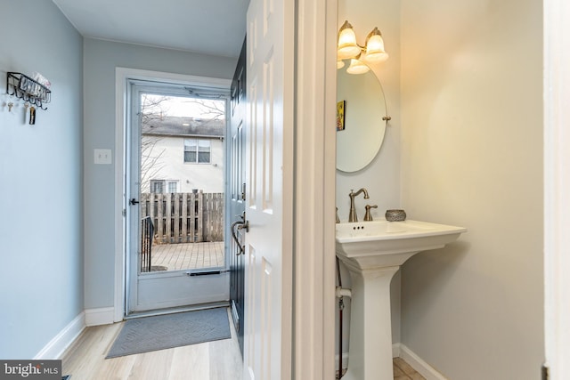 bathroom featuring wood-type flooring and sink