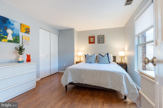 bedroom featuring multiple windows, a closet, and wood-type flooring