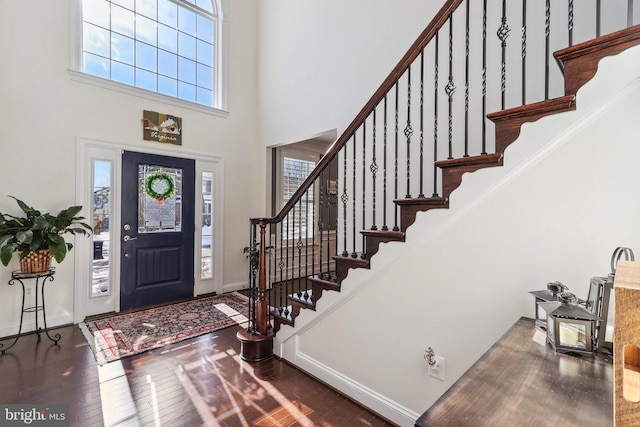 foyer with a towering ceiling and dark wood-type flooring