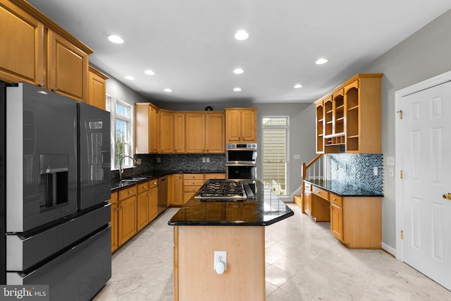 kitchen with open shelves, recessed lighting, a sink, appliances with stainless steel finishes, and a center island