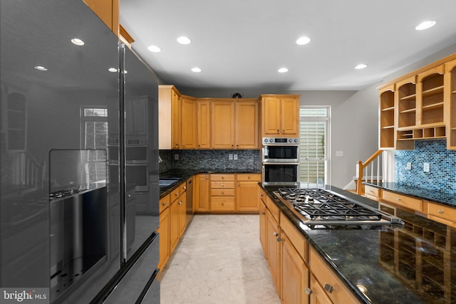 kitchen featuring backsplash, dark stone counters, recessed lighting, appliances with stainless steel finishes, and open shelves