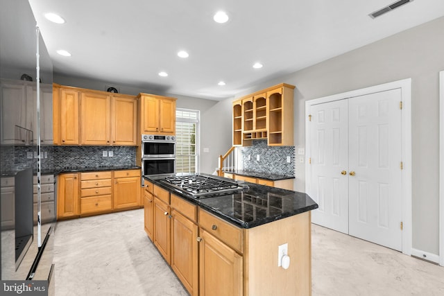 kitchen with visible vents, a kitchen island, recessed lighting, appliances with stainless steel finishes, and open shelves