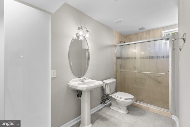 full bath with tile patterned flooring, toilet, visible vents, and a stall shower