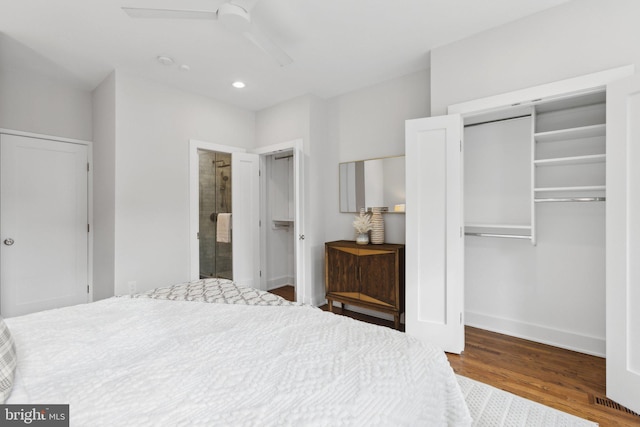 bedroom with ceiling fan and hardwood / wood-style floors