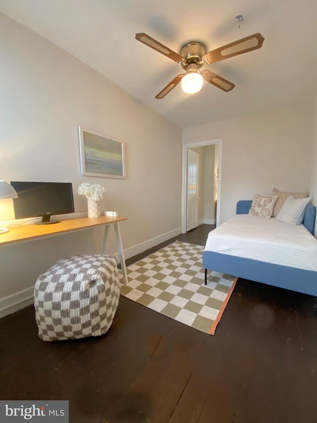 bedroom featuring dark hardwood / wood-style floors and ceiling fan