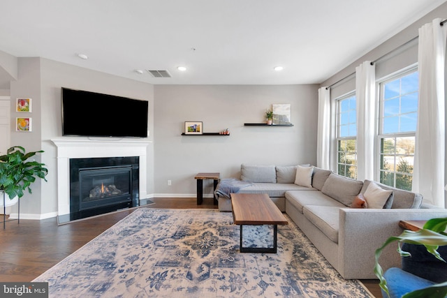 living room with dark hardwood / wood-style flooring